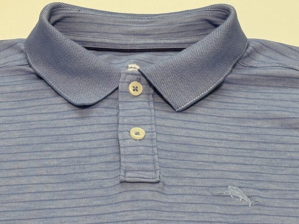 Tommy Bahama Mens Blue And White Striped Polo with Logo Size Large